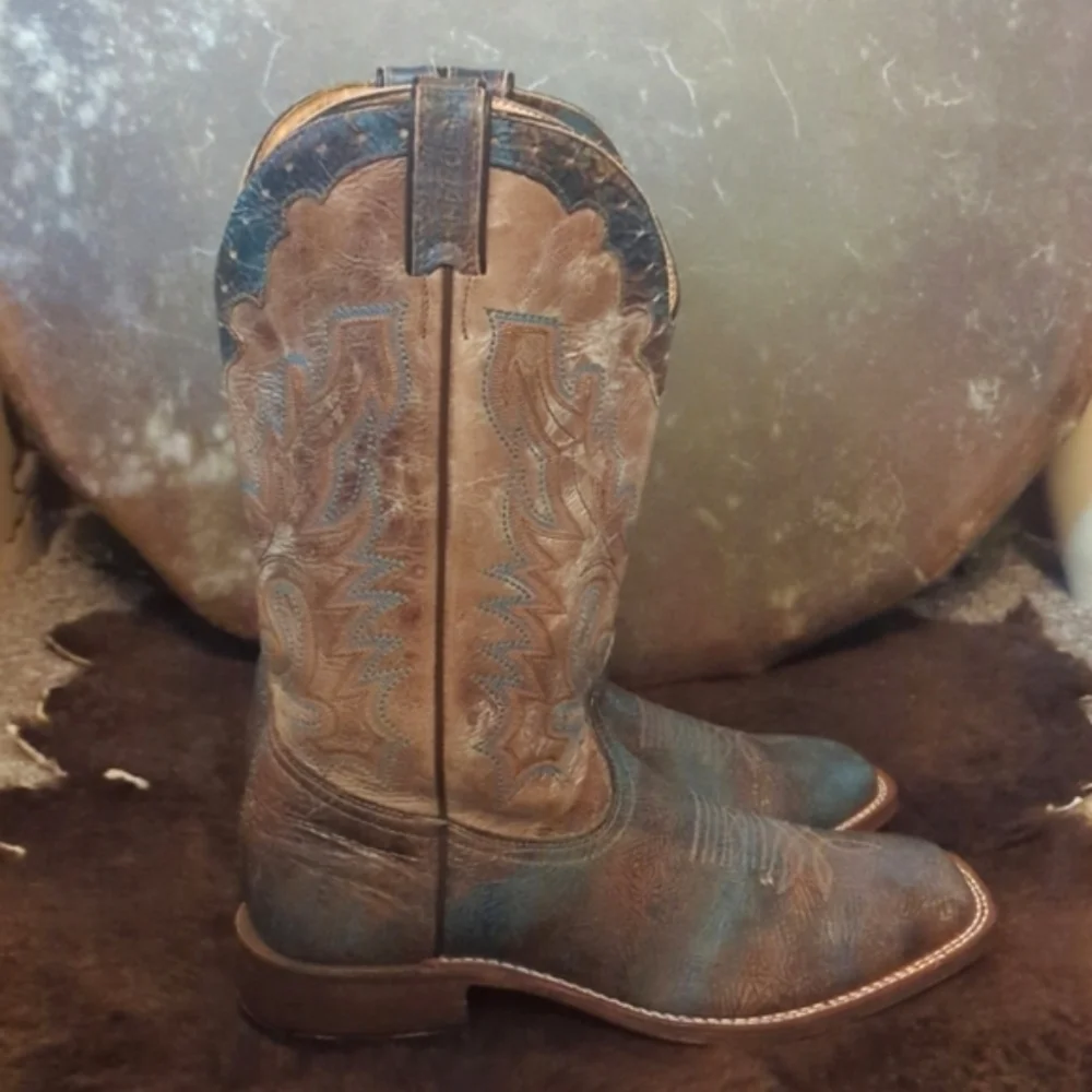 BOULET Boots #4071 mens 9E cowboy boots distressed Tan/Turqueza square toe EUC